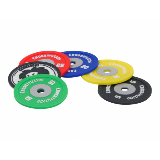 Unieke LMX2206 Crossmaxx® onderzetters in de vorm van bumper plates, set van 6 in diverse kleuren. Perfect voor gym en thuis gebruik.
