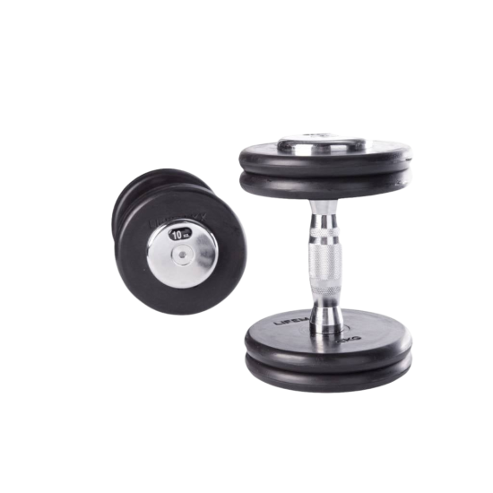 Professionele LMX75C Contoured dumbbells met rubber gecoate schijven en ergonomische handgrepen, beschikbaar van 2 tot 60kg.
