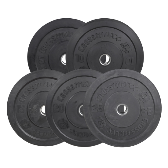 Duurzame Crossmaxx® LMX87 bumper plates van gevulkaniseerd rubber, geschikt voor crossfit, powerlifting en weightlifting. Verkrijgbaar in gewichten van 5kg tot 25kg.