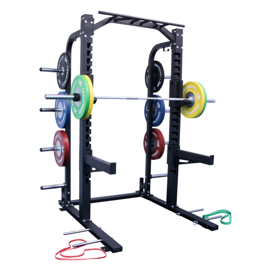 LMX1054 Crossmaxx® Half Rack met 10x10cm frame, verstelbare j-hooks, multi-grip pull-up stang en opslag voor schijven. Geschikt voor intensief commercieel gebruik.