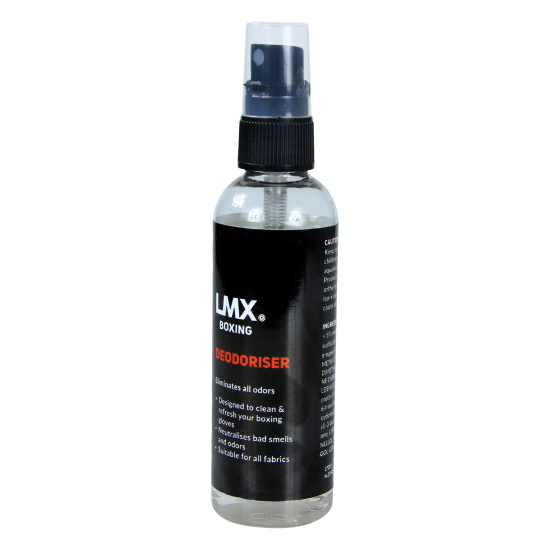 Effectieve LMX.® Boxing Deodoriser spray van 100ml voor het verwijderen van geuren uit sportmaterialen. Geschikt voor bokshandschoenen.